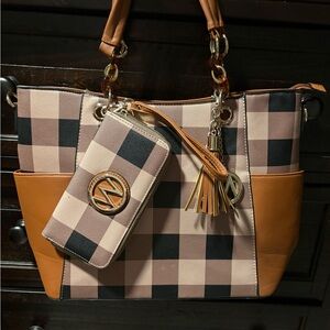 MK Boutique Black and Tan Checkered Tote with Wallet